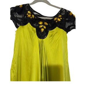 Temperley London Mango Lime Green Silk Embellished Mesh Yoke Handkerchief  Dress